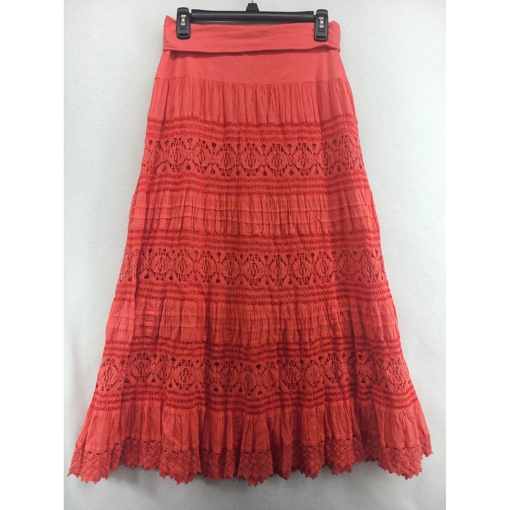 Boho Cotton Tiered Skirt Coral Lace Ruffle Sz M Cute Options